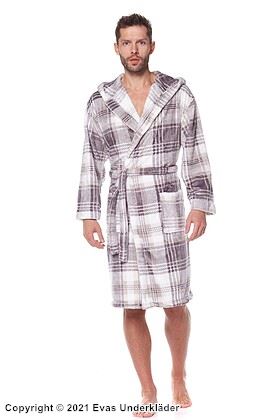 Men's bathrobe, terrycloth, long sleeves, pockets, hood, checkered pattern